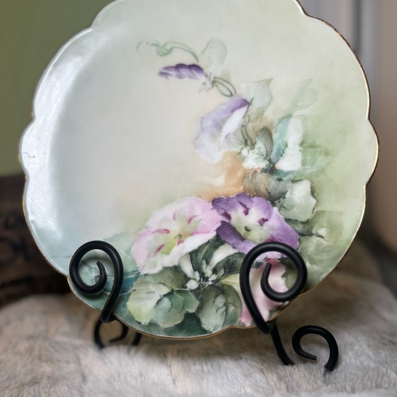 Limoges Hand Painted Pink  Purple Morning Glories & Gold Cake Plate - Picture 11 of 11